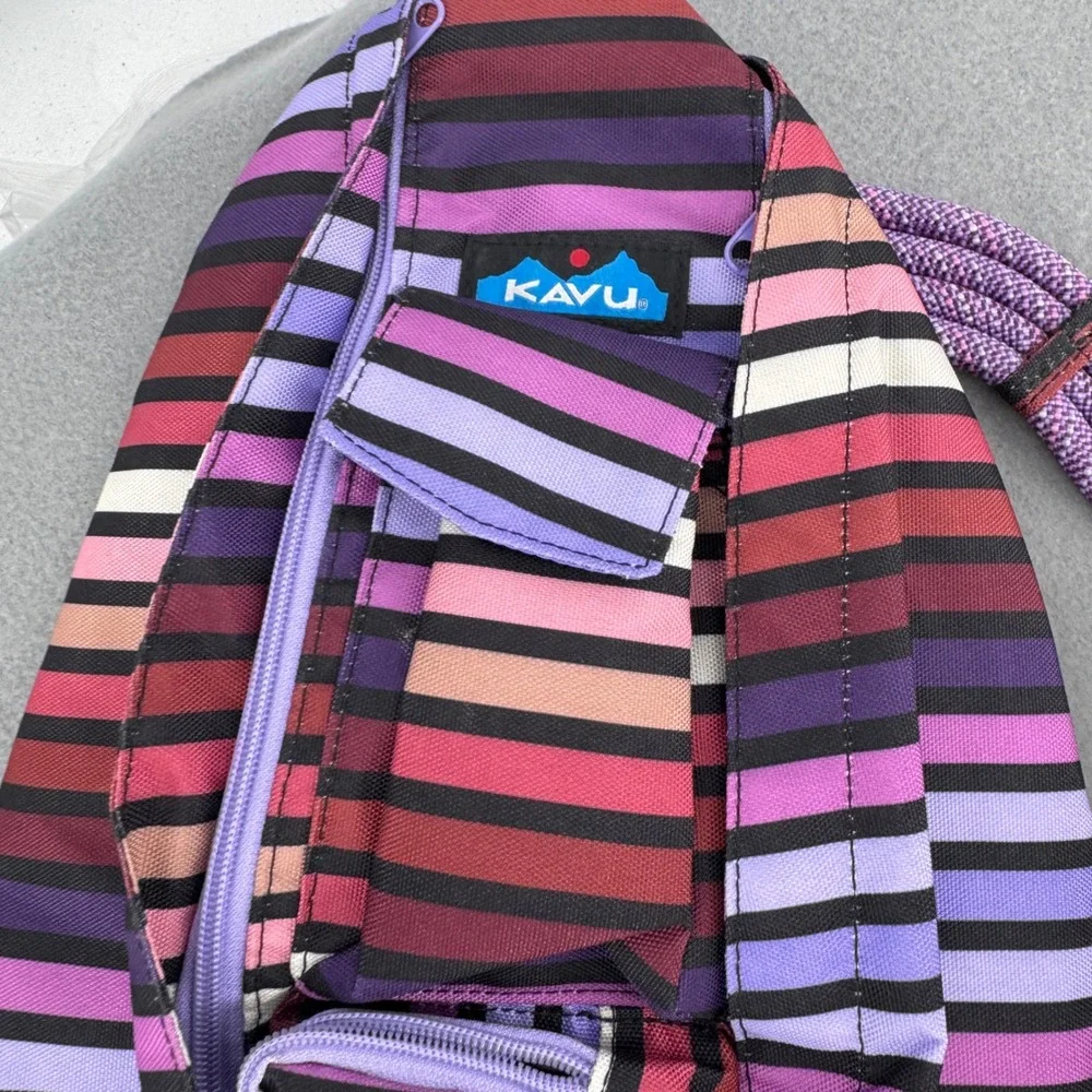 KAVU Rope Sling Bag Purple Pink Multicolor Stripe Crossbody Backpack